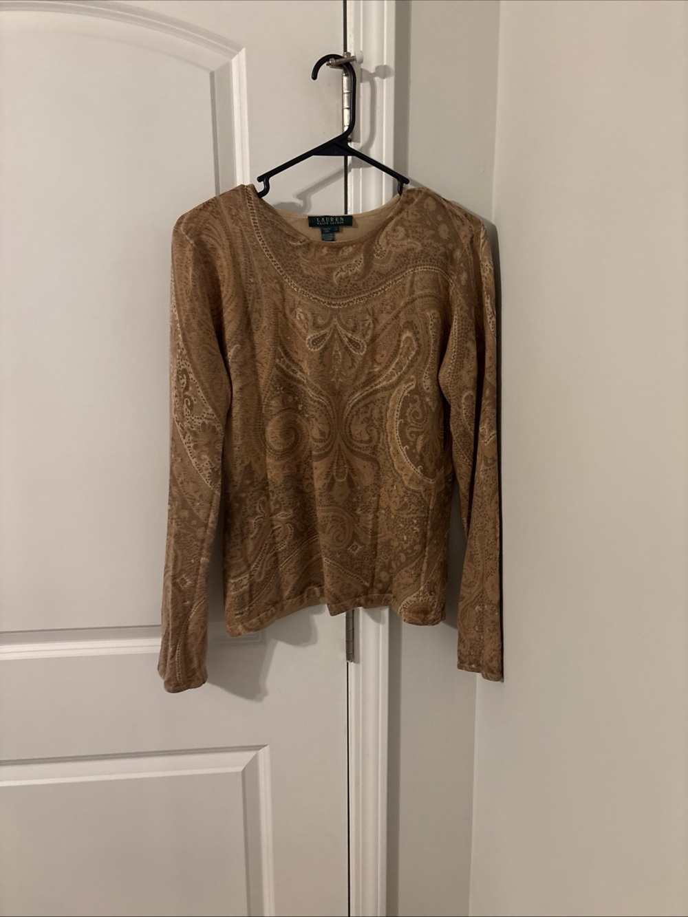 LAUREN Ralph Lauren Tan Paisley Long-Sleeve Top Cashmere Silk